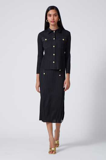 Scarlet Sage_Black 100% Polyester Spread Collar Marilyn Pleated Shirt And Midi Skirt Set_at_Aza_Fashions