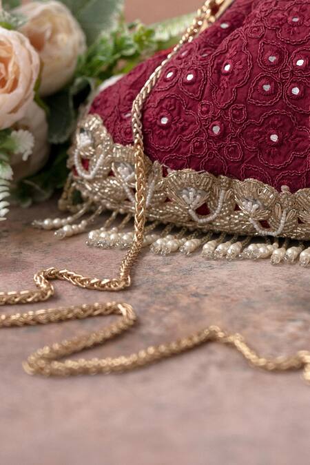 Amyra_Maroon Embroidery, Pearls Monroe Vintage Purse_Online_at_Aza_Fashions