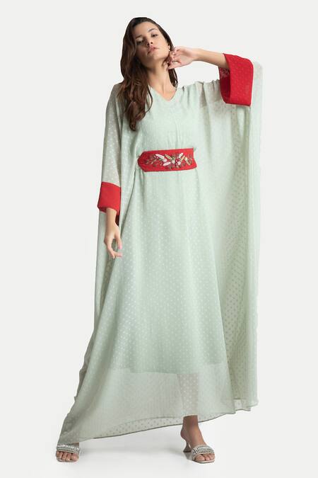 Buy_House Of Thl_Green Chiffon Dobby Aari , Thread V Mawar Contrast Cuff Kaftan Dress _Online_at_Aza_Fashions