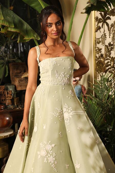 Sahil Kochhar_Green Organza Net Embroidery Blossom Straight Maya Panelled Gown  _Online_at_Aza_Fashions