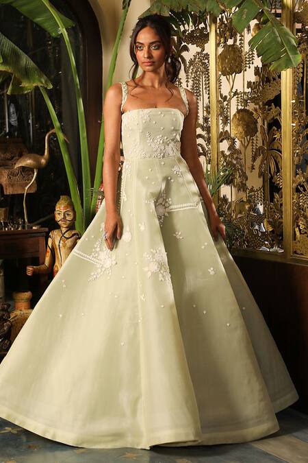Shop_Sahil Kochhar_Green Organza Net Embroidery Blossom Straight Maya Panelled Gown  _Online_at_Aza_Fashions