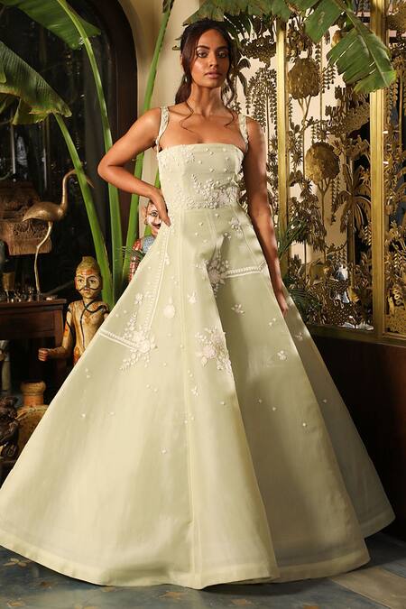 Sahil Kochhar_Green Organza Net Embroidery Blossom Straight Maya Panelled Gown  _at_Aza_Fashions