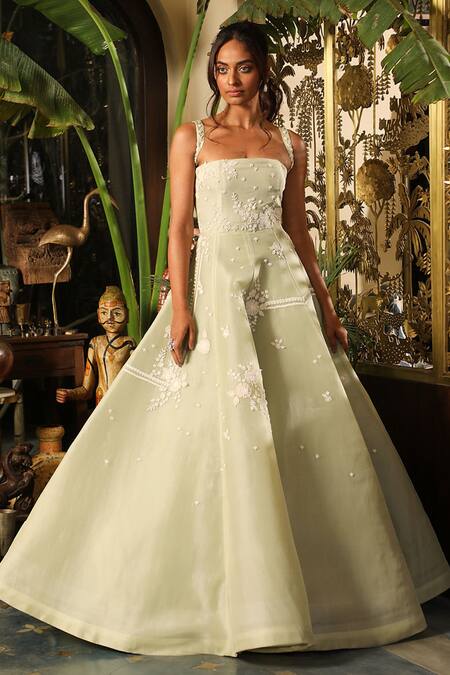 Shop_Sahil Kochhar_Green Organza Net Embroidery Blossom Straight Maya Panelled Gown  