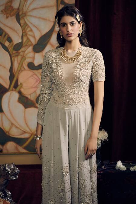 Sahil Kochhar_Grey Silk, Crepe Embroidery Round Neck Mayasaar Floral Jumpsuit _Online_at_Aza_Fashions