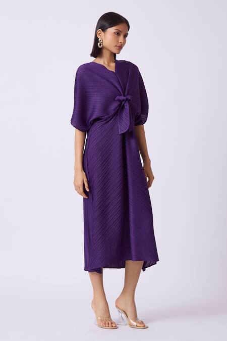 Buy_Scarlet Sage_Purple Polyester V-neck Pleated And Flared A-line Dress_Online_at_Aza_Fashions