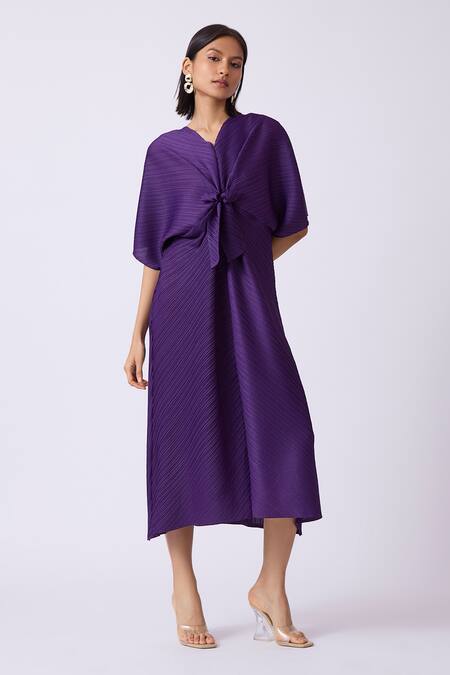 Shop_Scarlet Sage_Purple Polyester V-neck Pleated And Flared A-line Dress_Online_at_Aza_Fashions