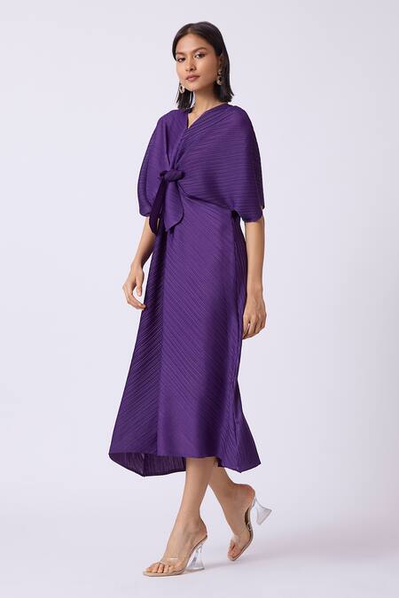Scarlet Sage_Purple Polyester V-neck Pleated And Flared A-line Dress_at_Aza_Fashions