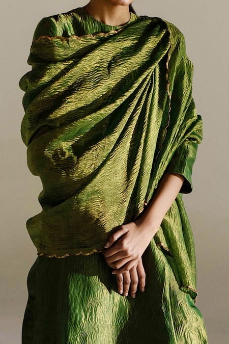 Mimamsaa_Green Tissue Round Neck Ella Silk Kurta Gharara Set _Online_at_Aza_Fashions
