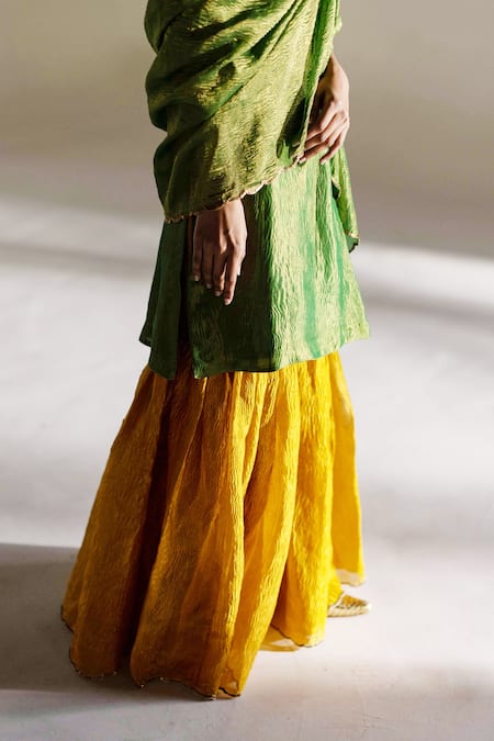 Buy_Mimamsaa_Green Tissue Round Neck Ella Silk Kurta Gharara Set _Online_at_Aza_Fashions