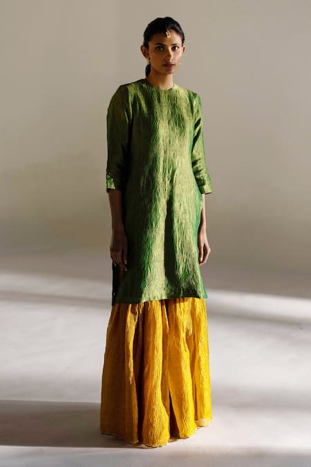Shop_Mimamsaa_Green Tissue Round Neck Ella Silk Kurta Gharara Set _Online_at_Aza_Fashions