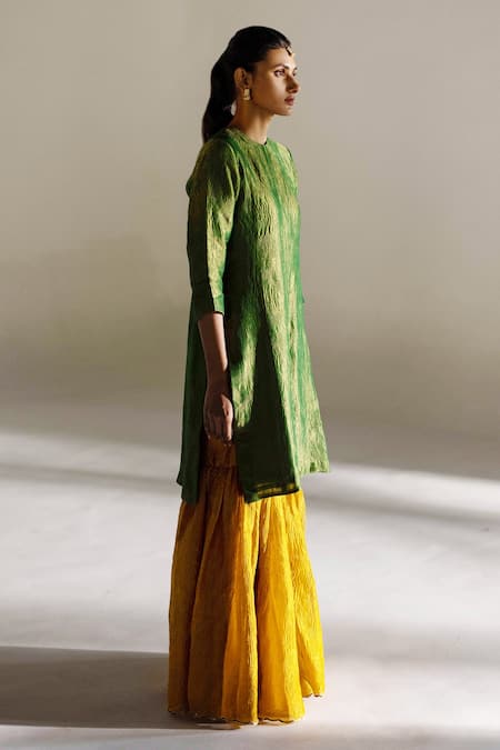 Mimamsaa_Green Tissue Round Neck Ella Silk Kurta Gharara Set _at_Aza_Fashions