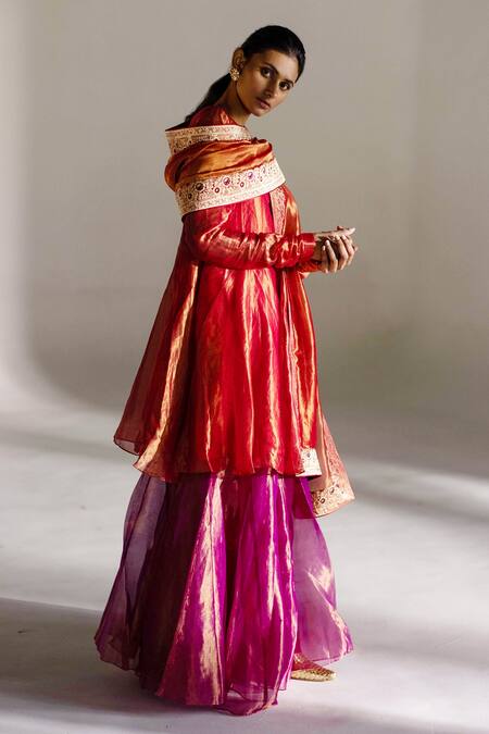 Buy_Mimamsaa_Red Tissue, Silk Embroidery V-neck Louisa Kurta Sharara Set_Online_at_Aza_Fashions