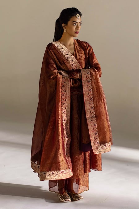 Mimamsaa_Red Tissue Silk Woven V Neck Lise Flared Kurta Pant Set  _Online_at_Aza_Fashions