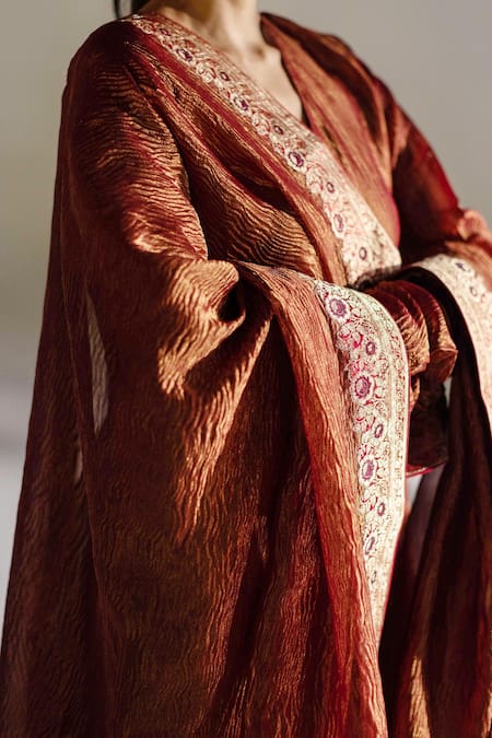 Buy_Mimamsaa_Red Tissue Silk Woven V Neck Lise Flared Kurta Pant Set  _Online_at_Aza_Fashions