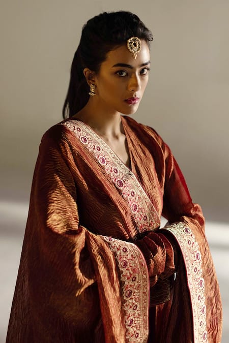 Shop_Mimamsaa_Red Tissue Silk Woven V Neck Lise Flared Kurta Pant Set  _Online_at_Aza_Fashions