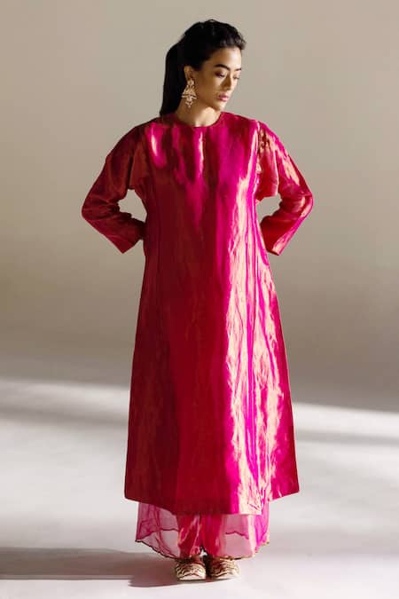 Shop_Mimamsaa_Magenta Tissue Silk Woven Round Lela A-line Kurta Set  _Online_at_Aza_Fashions