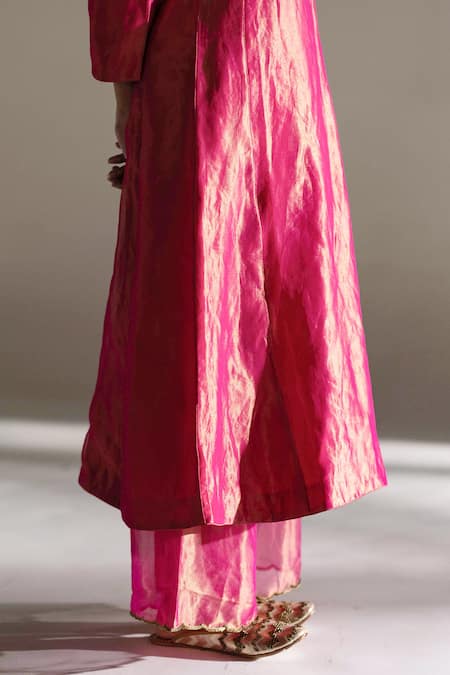 Mimamsaa_Magenta Tissue Silk Woven Round Lela A-line Kurta Set  _at_Aza_Fashions