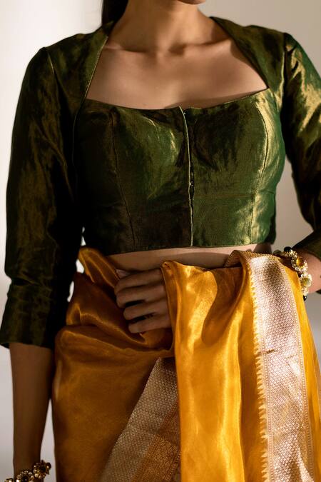 Mimamsaa_Green Tissue Silk Scoop Neck Ruby Woven Blouse_Online_at_Aza_Fashions