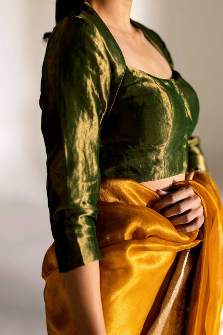 Buy_Mimamsaa_Green Tissue Silk Scoop Neck Ruby Woven Blouse_Online_at_Aza_Fashions