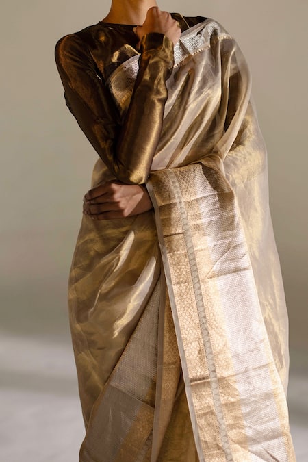 Shop_Mimamsaa_Green Tissue Silk Round Chanel Full Sleeve Blouse_Online_at_Aza_Fashions