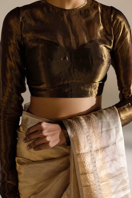 Mimamsaa_Green Tissue Silk Round Chanel Full Sleeve Blouse_at_Aza_Fashions