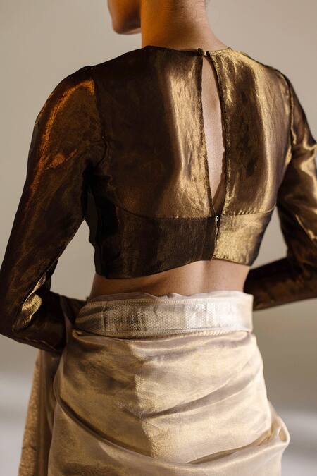 Buy_Mimamsaa_Green Tissue Silk Round Chanel Full Sleeve Blouse