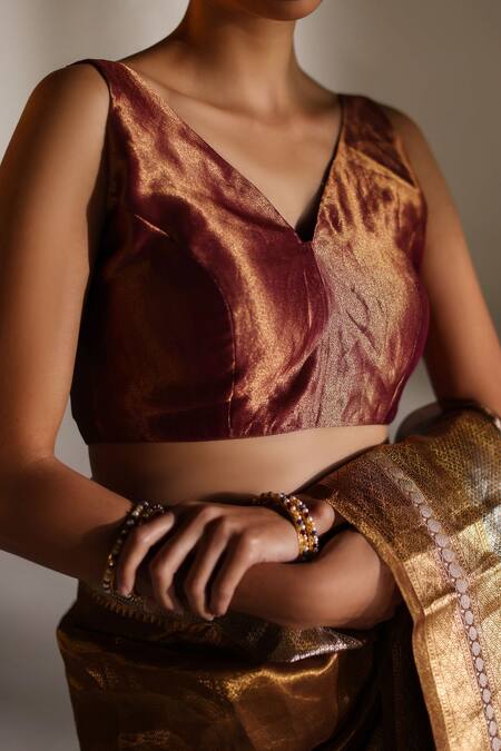 Shop_Mimamsaa_Purple Tissue Silk V Neck Karolin Blouse_Online_at_Aza_Fashions