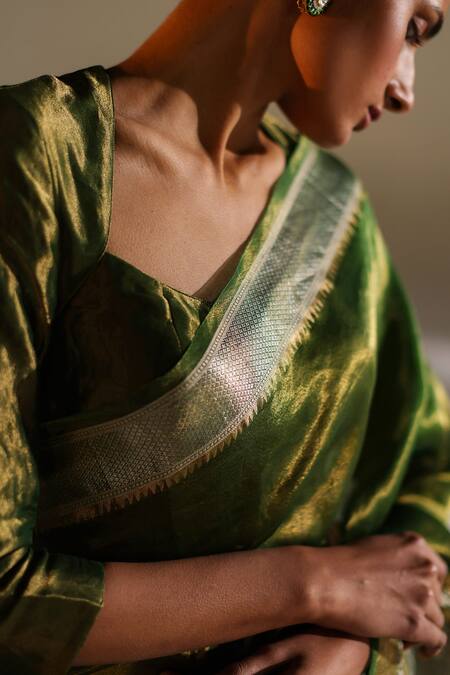 Buy_Mimamsaa_Green Tissue Silk Woven Pearl Saree _Online_at_Aza_Fashions