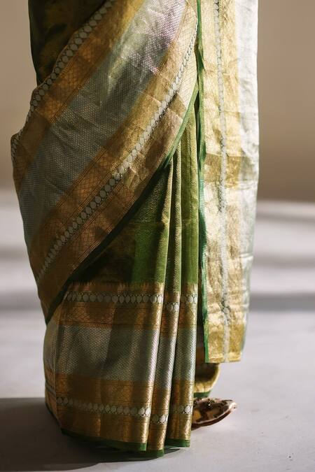 Shop_Mimamsaa_Green Tissue Silk Woven Pearl Saree _Online_at_Aza_Fashions