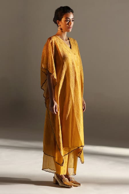Mimamsaa_Yellow Tissue, Silk V-neck Reva Hand Crushed Kaftan And Pant Set _Online_at_Aza_Fashions
