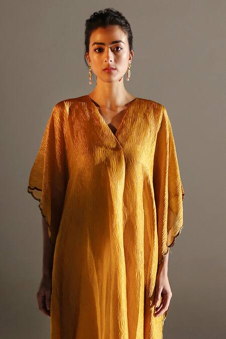 Buy_Mimamsaa_Yellow Tissue, Silk V-neck Reva Hand Crushed Kaftan And Pant Set _Online_at_Aza_Fashions