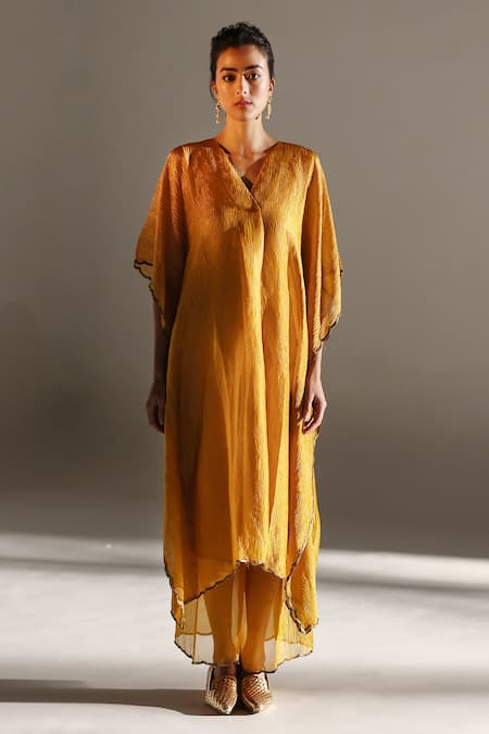 Shop_Mimamsaa_Yellow Tissue, Silk V-neck Reva Hand Crushed Kaftan And Pant Set _Online_at_Aza_Fashions