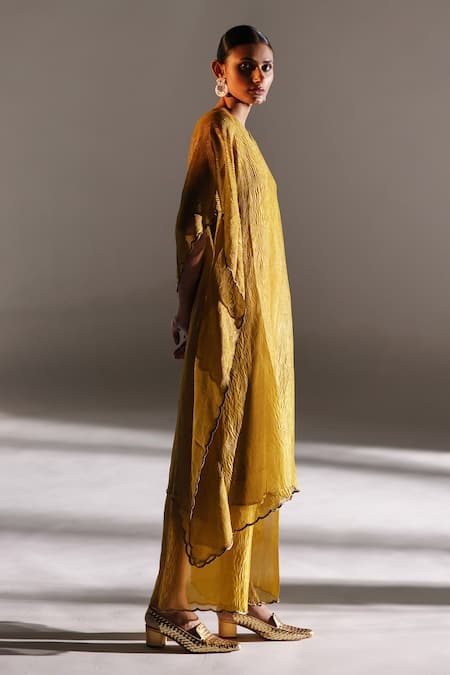 Mimamsaa_Green Tissue, Silk Embroidery V-neck Gisele Hand Crushed Kaftan And Pant Set _Online_at_Aza_Fashions