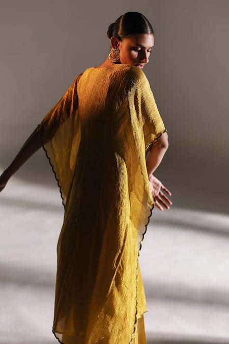 Buy_Mimamsaa_Green Tissue, Silk Embroidery V-neck Gisele Hand Crushed Kaftan And Pant Set _Online_at_Aza_Fashions