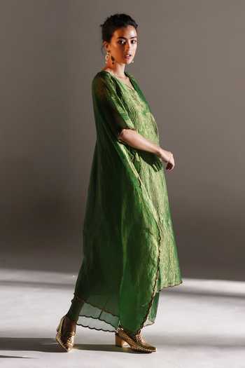 Mimamsaa_Green Tissue, Silk Embroidery V-neck Amo Hand Crushed Kaftan And Pant Set _Online_at_Aza_Fashions