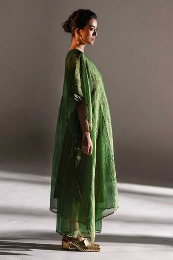 Shop_Mimamsaa_Green Tissue, Silk Embroidery V-neck Amo Hand Crushed Kaftan And Pant Set _Online_at_Aza_Fashions