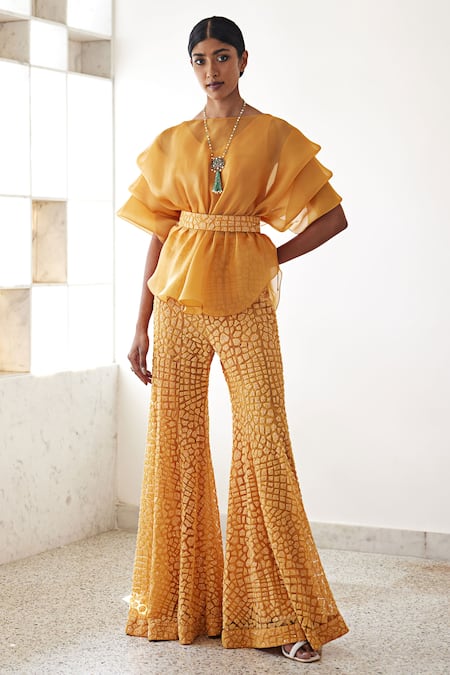 Mishru_Orange Organza, Tulle, Chanderi Silk Embroidery Pouf Top And Tea Bark Pant Set _Online_at_Aza_Fashions