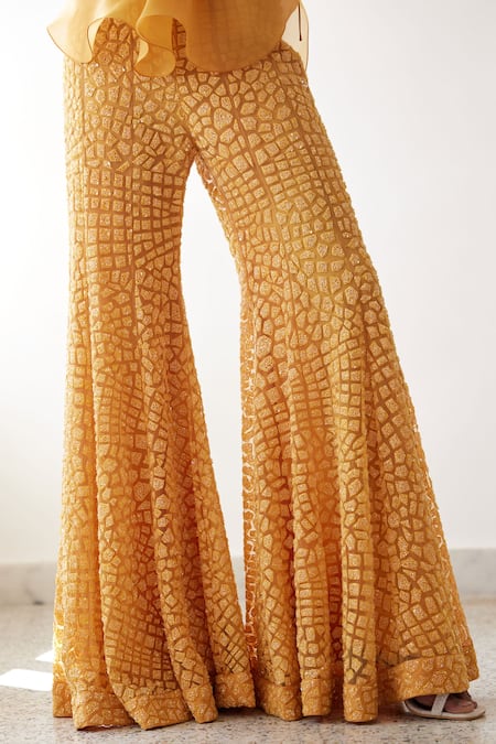 Buy_Mishru_Orange Organza, Tulle, Chanderi Silk Embroidery Pouf Top And Tea Bark Pant Set _Online_at_Aza_Fashions