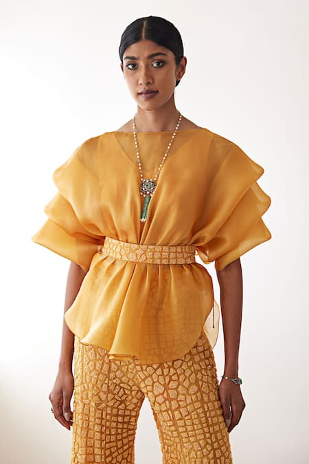 Shop_Mishru_Orange Organza, Tulle, Chanderi Silk Embroidery Pouf Top And Tea Bark Pant Set _Online_at_Aza_Fashions