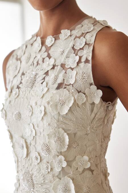 Buy_Mishru_Ivory Tulle, Satin Embroidery Round Neck Averi Floral Midi Dress _Online_at_Aza_Fashions