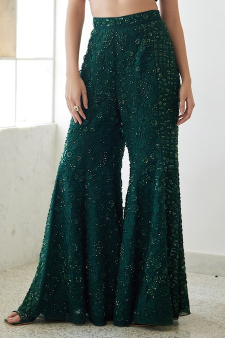 Mishru_Green Organza Sequins, Beads Paige 3d Floral Embroidered Crop Top And Pant Set _Online_at_Aza_Fashions