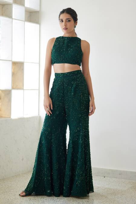 Buy_Mishru_Green Organza Sequins, Beads Paige 3d Floral Embroidered Crop Top And Pant Set _Online_at_Aza_Fashions