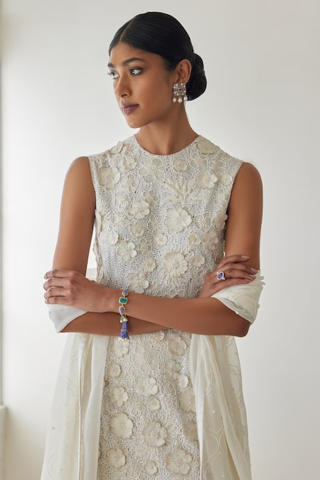 Mishru_Ivory Tulle, Organza Beads, Sequins, Embroidery Nora Floral Tunic Sharara Set _Online_at_Aza_Fashions