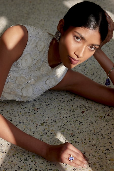 Shop_Mishru_Ivory Tulle, Organza Beads, Sequins, Embroidery Nora Floral Tunic Sharara Set _Online_at_Aza_Fashions