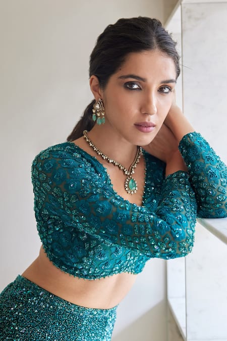 Mishru_Green Tulle Embroidery, Sequins V-neck Daria Gitch Mermaid Lehenga Set _Online_at_Aza_Fashions