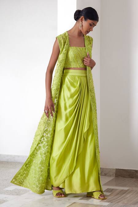 Mishru_Green Organza, Satin Ember 3d Floral Embroidered Jacket And Draped Skirt Set _Online_at_Aza_Fashions