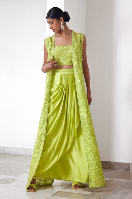Buy_Mishru_Green Organza, Satin Ember 3d Floral Embroidered Jacket And Draped Skirt Set _Online_at_Aza_Fashions