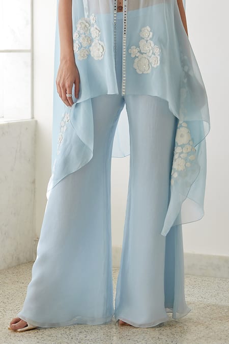 Buy_Mishru_Blue Organza, Chanderi Silk Embroidery Round Neck Floral Bunch Cape And Pant Set _Online_at_Aza_Fashions
