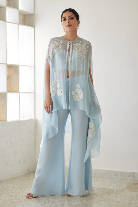 Shop_Mishru_Blue Organza, Chanderi Silk Embroidery Round Neck Floral Bunch Cape And Pant Set _Online_at_Aza_Fashions