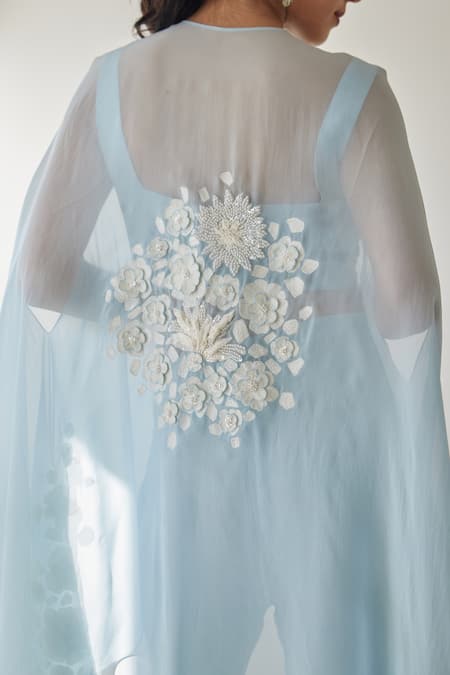 Mishru_Blue Organza, Chanderi Silk Embroidery Round Neck Floral Bunch Cape And Pant Set _at_Aza_Fashions
